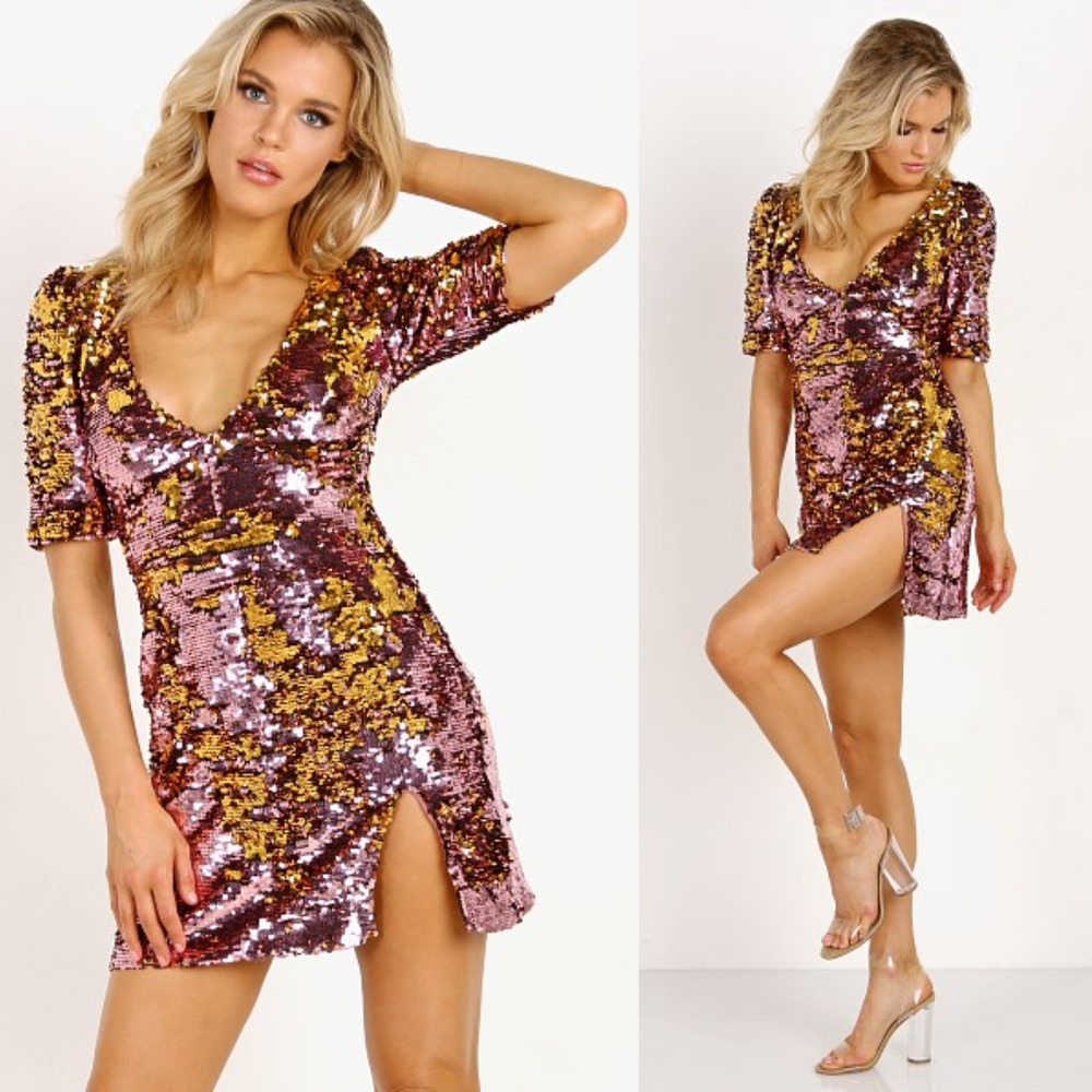 For Love & Lemons Dress Womens Small Rose Gold Mini Sequins Sparkly V-Neck Party - Picture 3 of 14